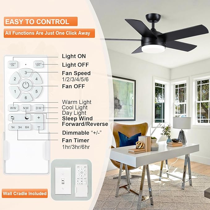 YUHAO 44 Inch Black Ceiling Fan with Light and Remote Control.Noiseless,Dimmable,3CCT,6 Speeds Reversible, DC Ceiling Fans for Indoor or Covered Outdoor