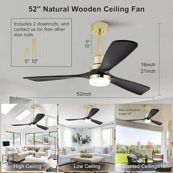 BOJUE 52 Inch Black and Gold Ceiling Fans with Lights and Remote, Solid Wood Fan Blades, Dimmable, Modern Ceiling Fan with Light for Indoor/Outdoor Patio Bedroom