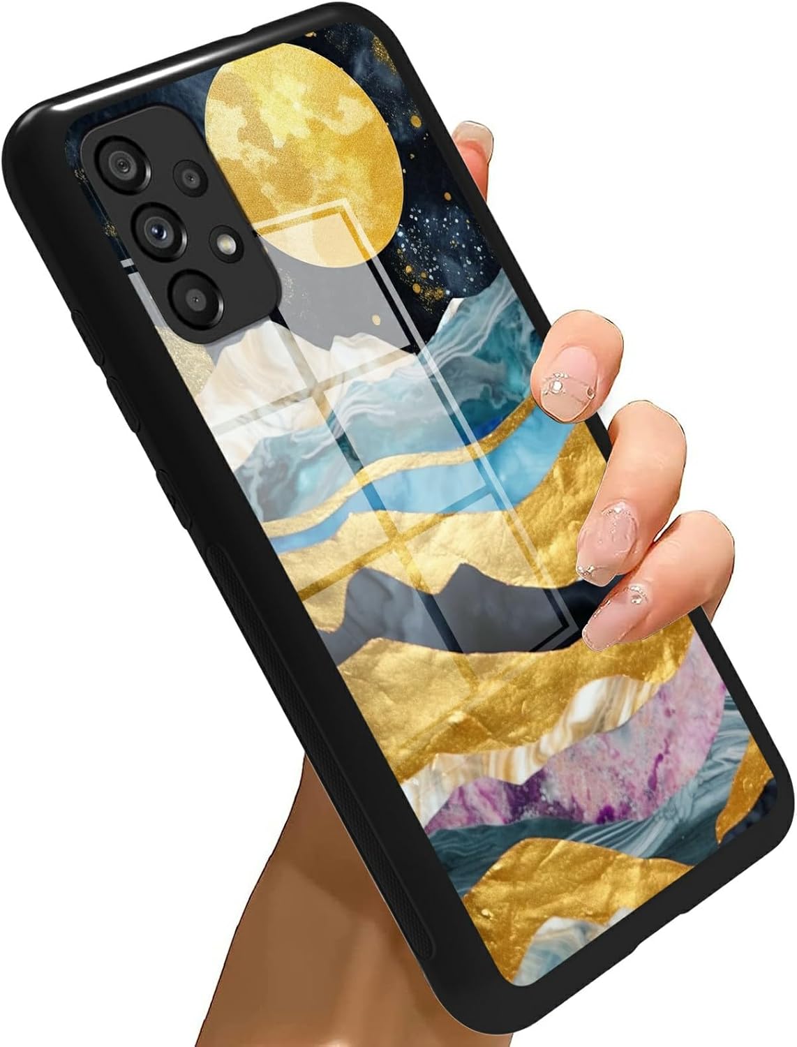 Galaxy A23 5G Phone Case - Tempered Glass Black Cover with Mountain Forest Landscape Design for Women Men, Anti-Scratch