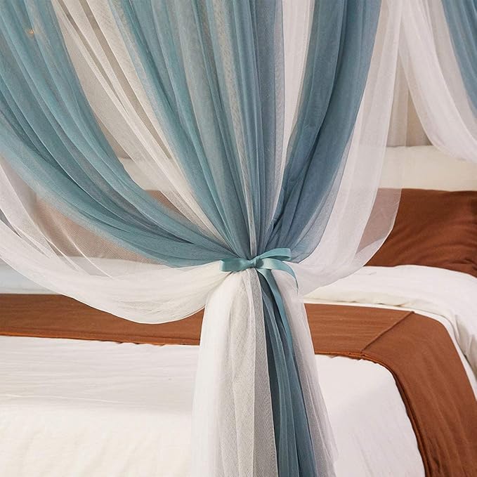 Joyreap Luxury 4 Corners Post Canopy Bed Curtains Twin, Blue n White Cozy Drape Netting for Girls n Adults - 4 Openings Cute Princess Style Bedroom Decoration Accessories