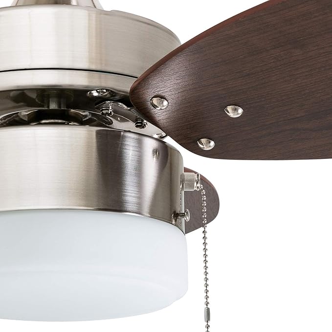 Honeywell Ceiling Fans Ocean Breeze Modern 30 Inch Ceiling Fan with Light, Pull Chain LED Indoor Fan with 3 Blades, Satin Nickel and Light Oak Blade Finish Options, Brushed Nickel (50601-01)