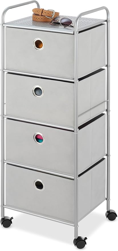Whitmor 4-Drawer Cart, Metal Frame, Polyester Drawers, Home & Office Organizer, 13.98"L x 16.92"W x 43.94"H, Grey