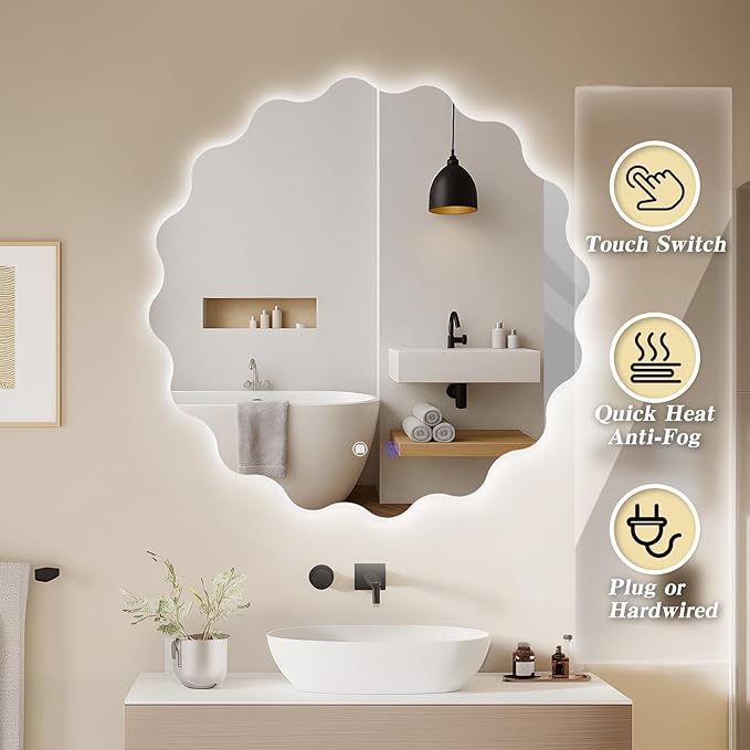 QDSSDECO Irregular LED Bathroom Mirror with Lights,Asymmetrical Led Bathroom Vanity Mirror for Wall with Front and Backlit, Anti Fog, 3 Colors and Dimmable Light, 23" x 23"