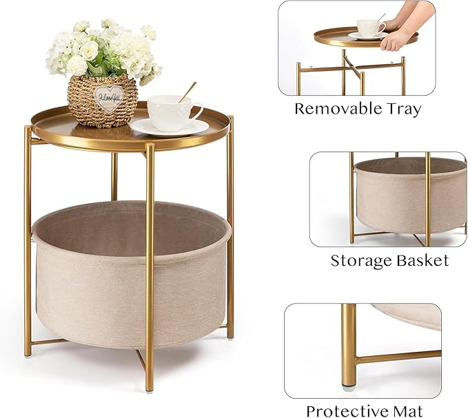 danpinera Round Side Table with Fabric Storage Basket, Metal Side Small Bedside Table Nightstand with Removable Tray Top for Living Room, Bedroom, Nursery, Bathroom, Gold