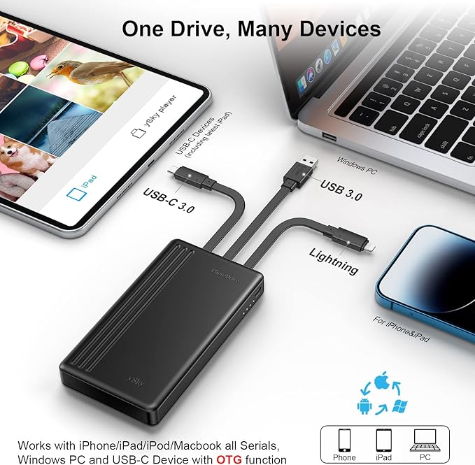 ySky MFi Certified 1TB Portable External Hard Drive for iPhone iPad MacBook Windows Computer USB C Android Phones to Backup,1TB Photo Stick for iPhone17/16/15/14/13((auto Backup)