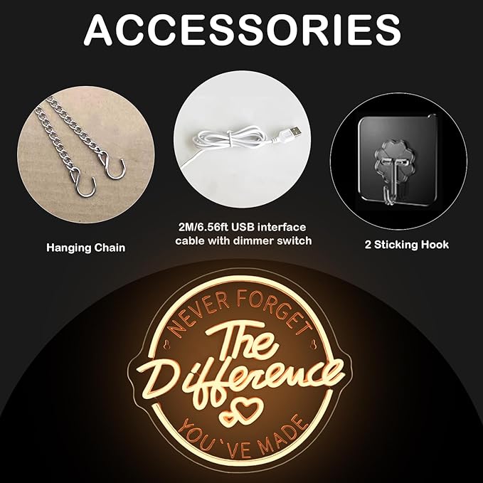 Never Forget the Difference You've Made Neon Sign, USB Powered Dimmable, 5V/2A, for Home, Party, Gift, Office, Retirement Ceremonies, Farewell Meeting