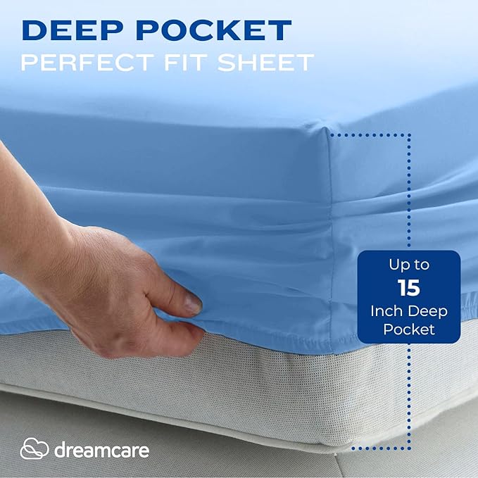 DREAMCARE Sheet Set - 4pcs Cooling Microfiber, Deep Pocket King, Hotel Luxury, Soft 100% Fine Microfiber with Side Pocket - Light Blue