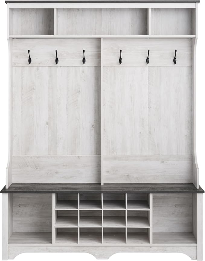 Prepac Farmhouse Washed White Hall Tree, Shoe Cabinet, Storage Cabinet with 12 Shoe Cubbies, 2 Boot Cubbies and 6 Double Coat Hooks 15.5" D x 60" W x 77" H
