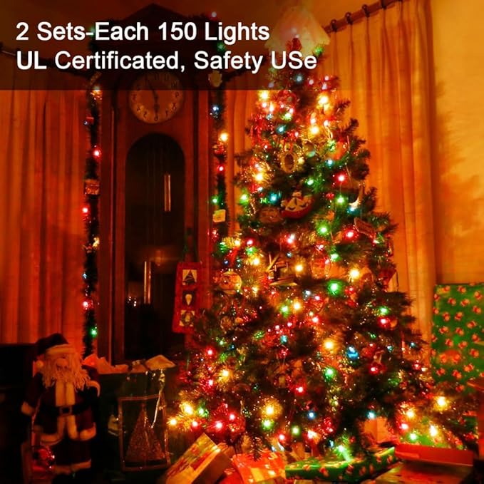 Brizled Colored Christmas Lights, 300 Count 69.6ft Incandescent Christmas Lights, Connectable 120V UL Certificated Xmas String Light, Mini Xmas Tree Light Set White Wire for Tree Holiday Party Decor