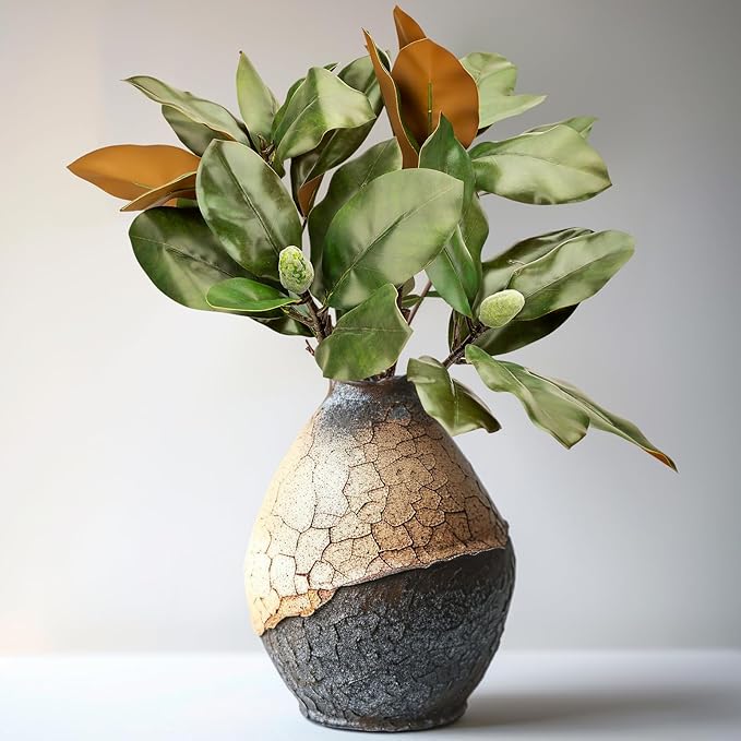 2 Pcs Magnolia Artificial Leaves Branches 32 Inch 3D Real Touch Pick with Fruit Faux Magnolia Stems Fake Twigs for Indoor Outdoor Vase Home Wedding Floral Arrangement Decoration