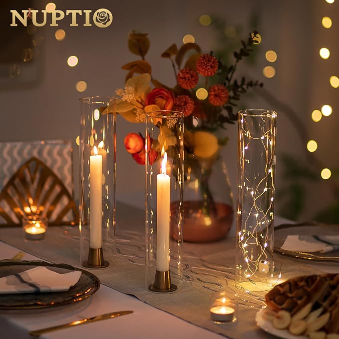 NUPTIO Hurricane Glass Candle Holder: 2.5 x 12 inches Open Ended Cylinder Chimney Replacement for Taper Candles - Bulk Clear Candlestick Holders Sleeve for Christmas Fireplace Decor