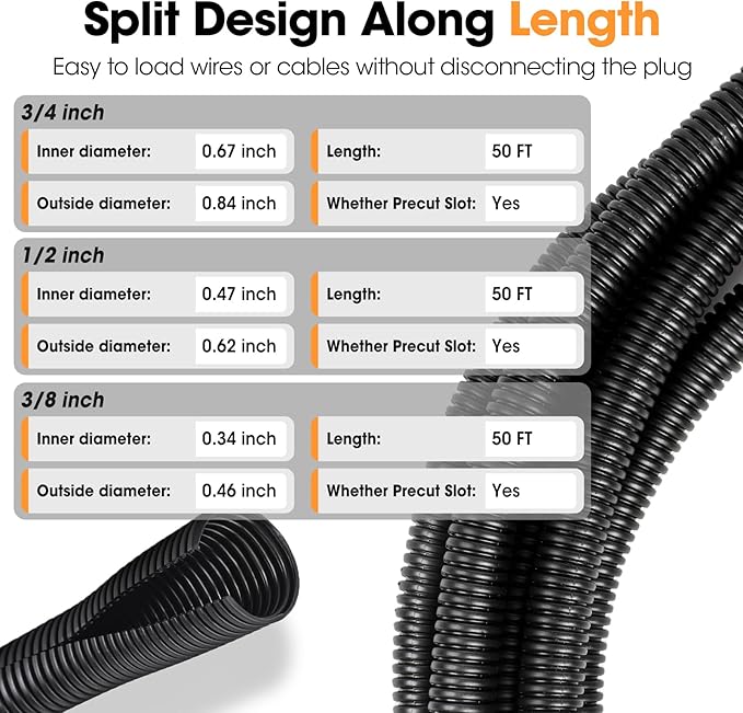 Wire Loom 3/8", 1/2", 3/4 Inch x 50 FT, Split Wire Loom Tubing Wire Conduit, Wire Protector Tubing, Cable Sleeves Bulk, Black