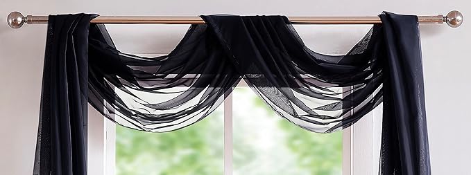 LinenZone Black Window Scarf Valance in 216 Inch Size. Use Window Scarves as Canopy Bed or Backdrop Curtains, Curtain Scarf, or Sheer Fabric for Draping. (Amazing 55 x 216, Black)
