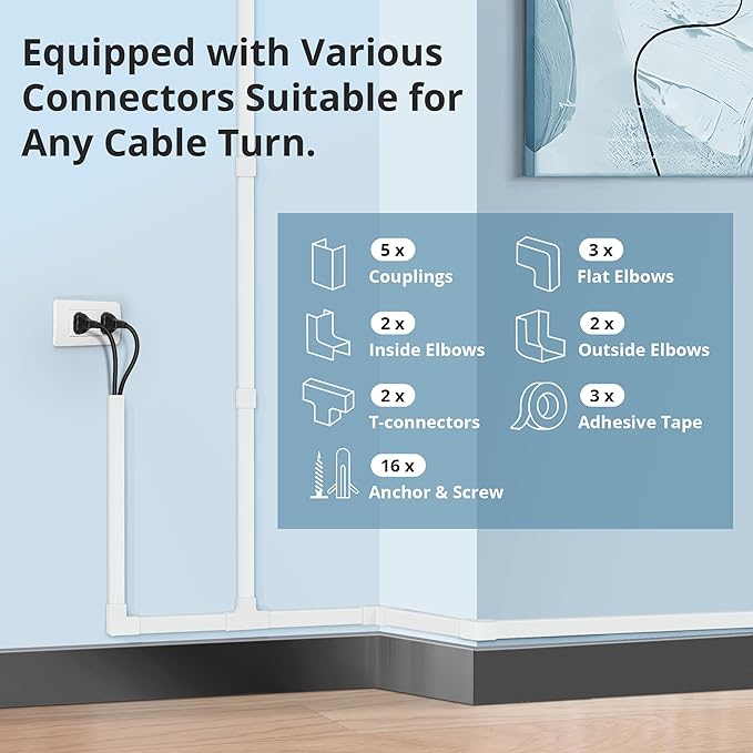 Cord Covers for Wires on Wall Extra-Long, 26.25ft TV Cord Hider Kit, Paintable Cable Management Concealer, TV Wire Hider for Wall, White Cord Raceway Channel, 8 x L39in x W0.95in x H0.55in