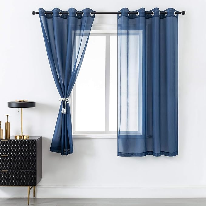 DUALIFE Navy Blue Sheer Curtains 63 Inch Length for Bedroom Dark Blue Sheer Curtains Panels with Grommet Sheer Voile Superior Drapes for Living Room 52 x 63 Inch Length 2 Panels Indigo Blue