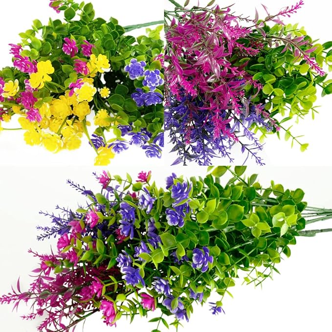 12 Bundles Outdoor Artificial Fake Flowers UV Resistant No Fade Boxwood Faux Plastic Shrubs Plants for Garden Patio Porch Window Box Home Wedding Farmhouse Hanging Décor