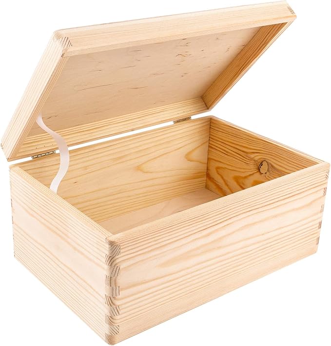 Large Wooden Storage Box with Hinged Lid | 11.8 x 7.87 x 5.51 inches (+-0.5) | Plain Unpainted Gift Box for Tool Toy Shoes Crafts Clothes Jewelry | ROUGH & UNSANDED Wood Keepsake Chest