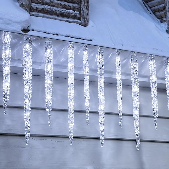 Minetom Icicle Lights Outdoor with Clips, 20ft 100 LED 20 Tubes Twinkling White Christmas String Lights, Connectable Waterproof Hanging Icicle String Light Plug in for Eave Holiday Outdoor