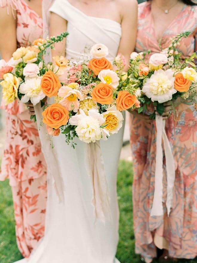 MACTING Artificial Rose Flowers 30PCS Real Touch Fake Flowers with Stem Orange Faux Foam Roses for DIY Wedding Bouquet Table Centerpieces Party Bridal Shower Home Fall Thanksgiving Decor