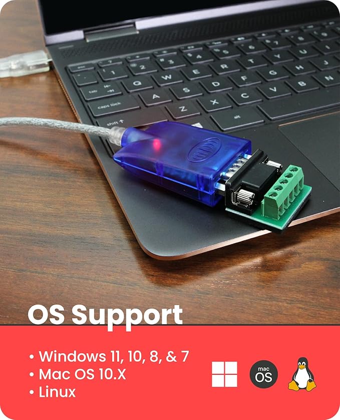 Gearmo USB to RS-485/422 Serial Adapter with FTDI Chipset, LED Indicators, 5ft Cable, ESD Protection, Supports Windows 11/10/8.1/8/7, Linux, MacOS X 10.6 and Above