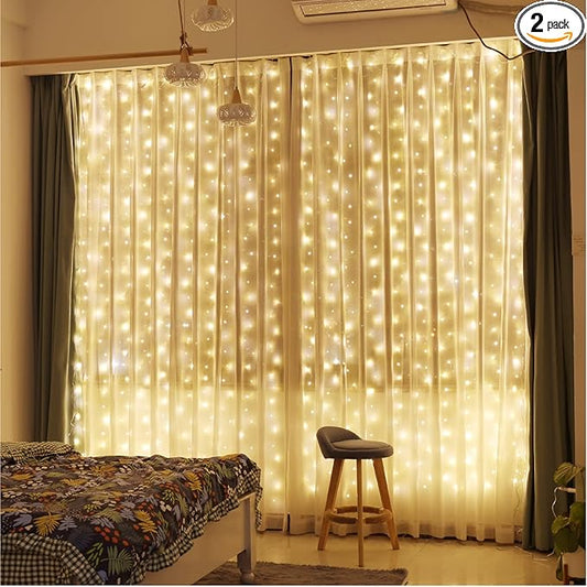 ZSJWL 2 Pack Curtain Lights, 300 LED Curtain Fairy Lights with Remote, 8 Modes 9.8 × 9.8 Ft Curtain String Lights, USB Plug in Copper Wire Lights for Bedroom Window Chrismas Wedding Party, Warm White