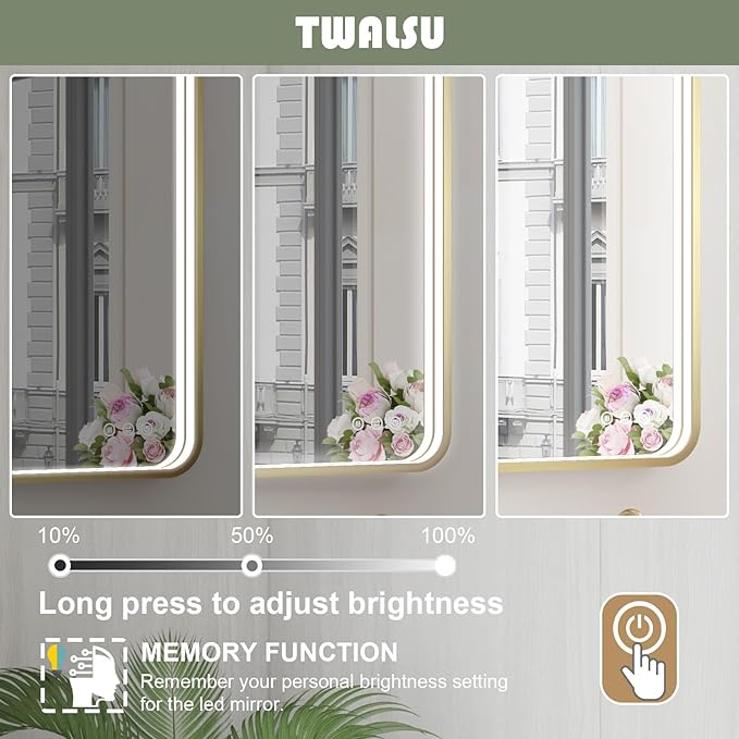 LED Bathroom Mirror with Lights, 48x28 Inch Gold Metal Framed LED Mirror for Bathroom, 3 Colors and Stepless Dimmable Wall Mounted Lighted Bathroom Vanity Mirror, Anti-Fog, Memory
