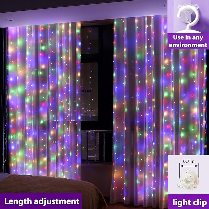 ZSJWL 300 LED Multicolor Curtain Fairy Lights with Remote, 8 Modes 9.8 × 9.8 Ft Waterproof USB Plug in Copper Wire Lights for Bedroom Window Chrismas Wedding Party