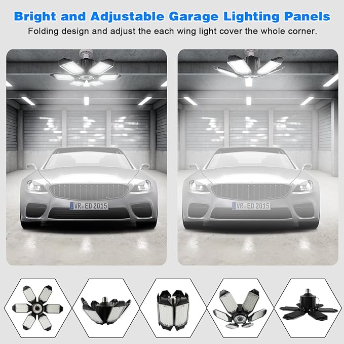 LED Garage Light - 160W Garage Light Bulb 64000LM 6500K Super Bright Garage Lighting w/ 6 Deformable Panels Screw in Shop Lights for Basement Workshop Warehouse Attic - 4Pack