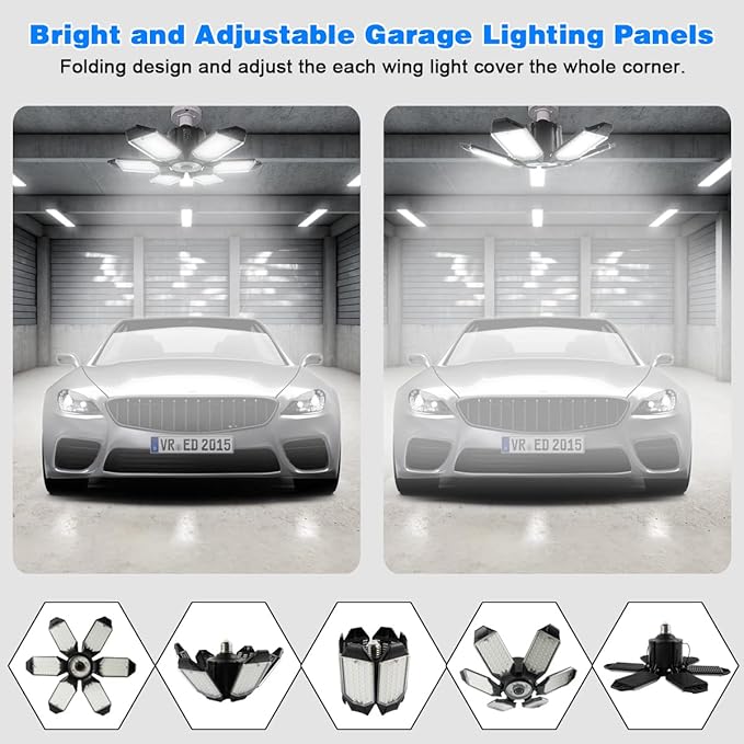 Garage Lights - 2Pack Super Bright 32000LM LED Garage Ceiling Light 6500K LED Shop Light w/ 6 Deformable Panels Screw in E26/E27 Socket Light Bulbs for Workshop Storage Warehouse Attic