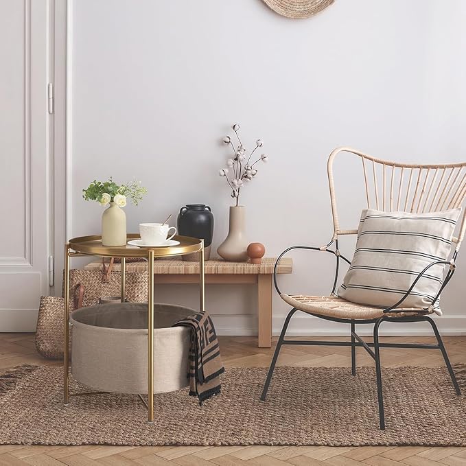 danpinera Round Side Table with Fabric Storage Basket, Metal Side Small Bedside Table Nightstand with Removable Tray Top for Living Room, Bedroom, Nursery, Bathroom, Gold