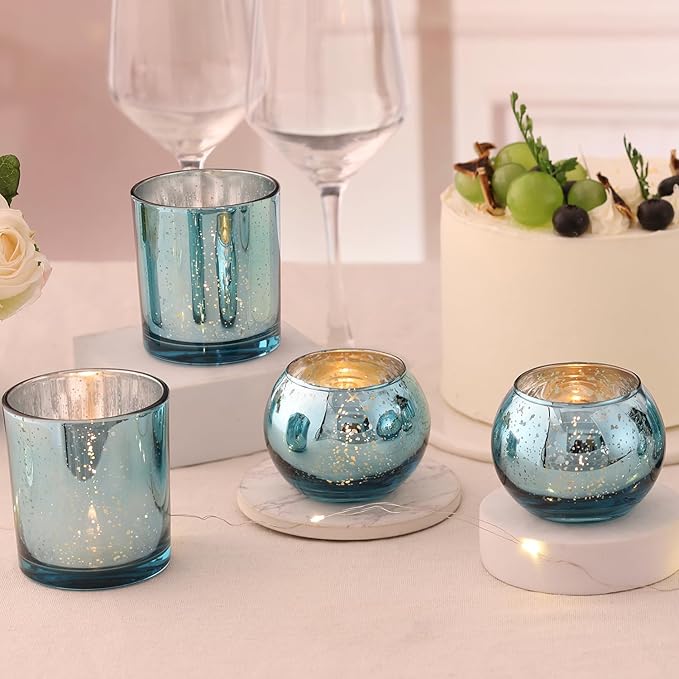 20 Pcs Assorted Lake Blue Votive Candle Holders, Larger Size Mercury Glass Candle Holder Bulk, Tealight Candle Holders for Wedding Decorations, Bridal Shower Table Decorations, Lake Blue Centerpieces