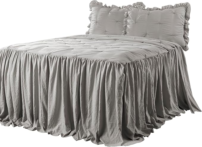 Lush Decor Ravello Pintuck Ruffle Skirt Bedspread Set - Luxe 3 Piece Ruffled Bedding Set - Traditional Glam & Farmhouse Inspired Bedroom Decor - Queen, Light Gray