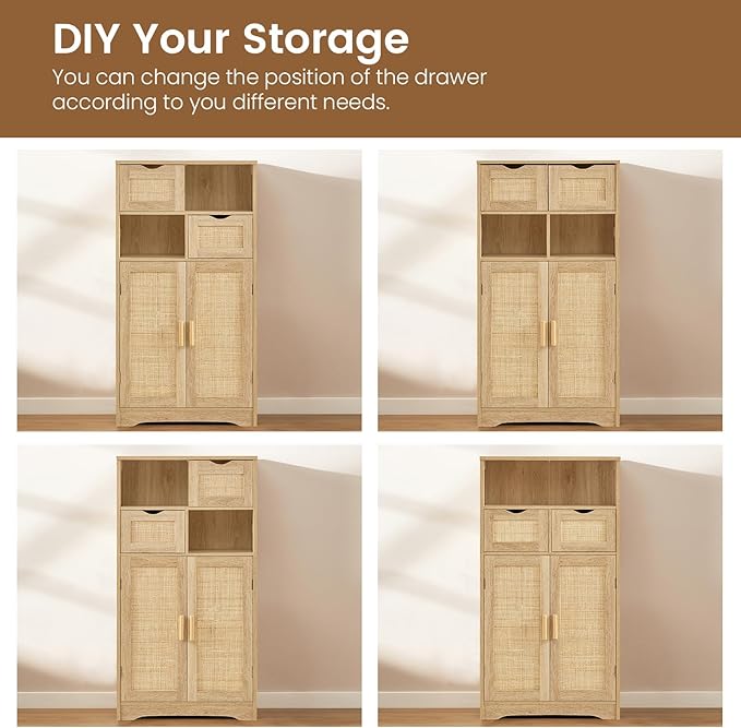 Iwell Storage Cabinet with 2 Drawers & Adjustable Shelves, Rattan Cabinet, Kitchen Pantry Cabinets, Cupboard for Living Room, Kitchen, Home Office, Natural