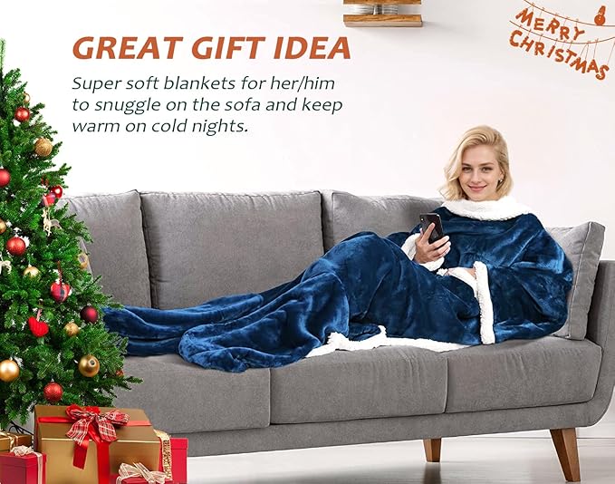 Catalonia Sherpa Wearable Blanket with Sleeves & Foot Pockets for Adult Women Men, Comfy Snuggly Wrap Sleeved Throw Blanket Robe, Gift Idea, Blue