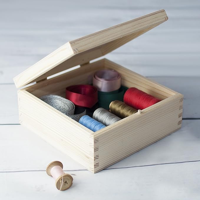 Wooden Storage Box Unpainted Plain | 6.37 x 6.37 x 2.83 in | Square Box with Lid | Perfect for Storing Valuables & Small Items in The Office or Bedroom | Jewelry Box