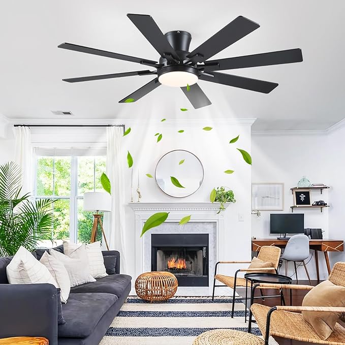Ceiling Fans with Lights- 52" Low Profile Indoor Ceiling Fan with Light and Remote/APP Control, 8 Blade,Flush Mount, LED Dimmable DC Reversible Modern Ceiling Fan for Bedroom（Black）