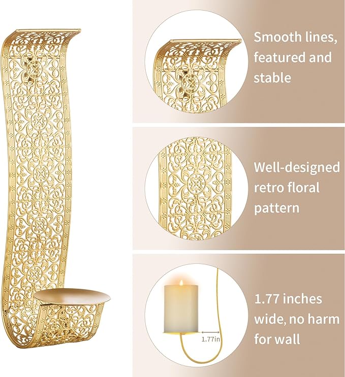 Sziqiqi Gold Candle Sconces Wall Decor Set of 2 - Rustic Pillar Wall Candle Holder for Farmhouse Vintage Hallway Wall Decor Decorative Bathroom Metal Candle Sconces