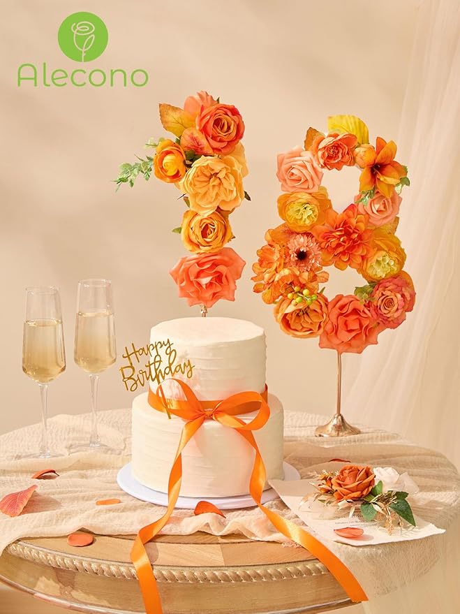 Alecono Artificial Flowers, Bright Orange Silk Fake Flowers for DIY Fall Wedding Bridal Bouquets, Cake Flowers for Table Centerpieces Birthday Party Home Decorations