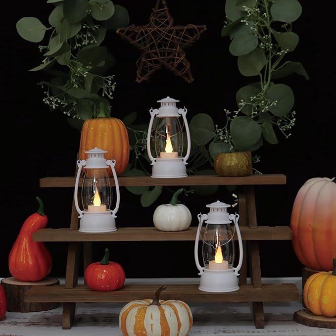 12Pcs Mini White Lanterns for Western Halloween Christmas – 6Inch Candle Lanterns with Flickering LED, Wedding Centerpiece Table Decorations, Camping Decor & Hanging Ornaments for Rustic Party