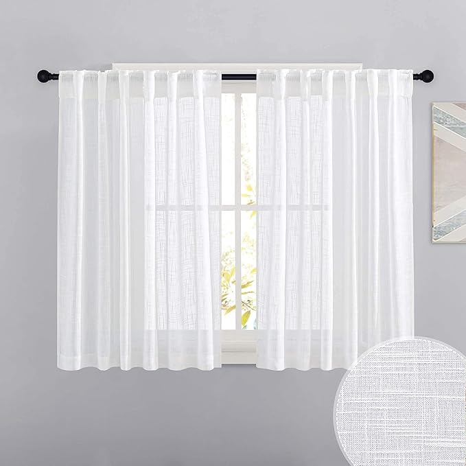 RYB HOME White Curtains for Bedroom - Linen Textured Semi Sheer Curtains Privacy for Bedroom Bathroom Kitchen Dining Office Window, 52 Wide x 45 inches Long, 2 Pcs