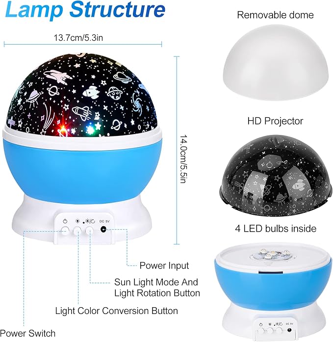 Christmas Baby Night Lights with Remote Control,Moon Projector 360 Degree Rotation - 4 LED Bulbs 8 Color Changing Light, Romantic Night Lighting Blue