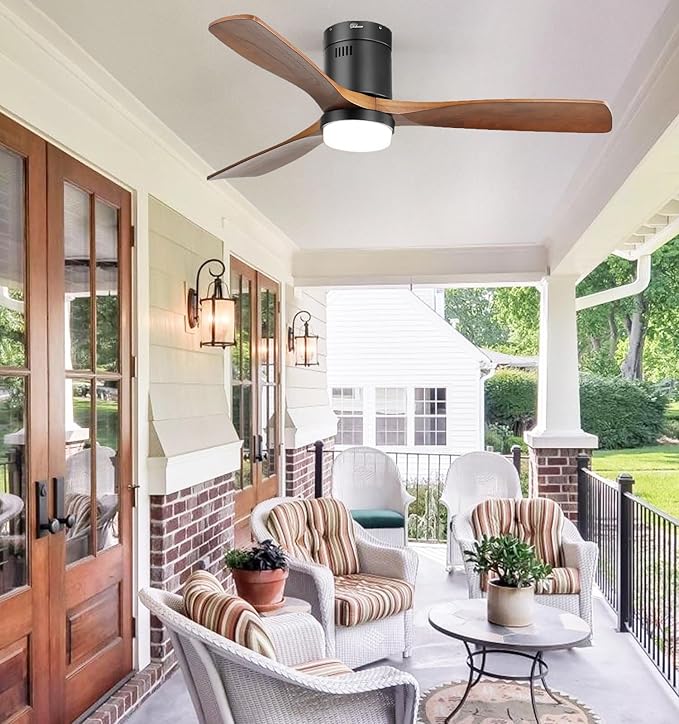 Sofucor 52 Inch Ceiling Fans with Lights, Flush Mount Ceiling Fan with Lights Remote Control, Indoor/Outdoor Ceiling Fan Light, Reversible DC Motor, 3 Blade Solid Wood Ceiling Fans for Bedroom Patio