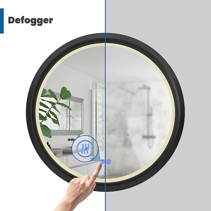 Round LED Bathroom Mirror with Lights, Front Lit Makeup Mirror, Anti-Fog, 3 Colors and Dimmable Light, 36 Inchs Black