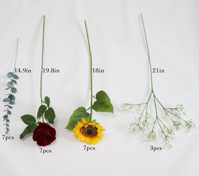 24PCS Fake Rustic Combination Flowers Artificial Fall Decor Long Single Stem Flower Include Sunflowers Babys Breath Burgundy Roses and Green Eucalyptus Stems for Wedding Home Party Decor