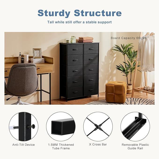 DUMOS Dresser for Bedroom, 10 Storage Drawers, Wide Fabric Closet Chests Organizer Tower Furniture with Wooden Top Metal Frame for Clothes, Guest Room, Living Room, Hallway, Entryway