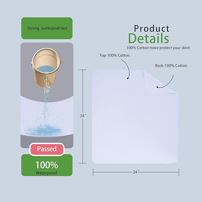 Washable Underpads, 24" x 24" (Pack of 4) Extra Heavy Absorbency ,100% Waterproof Mattress Protector,Flannel Cotton Underpads for Kids, Adults,Pets,Bed, Couch, Sofa, Floor,Home
