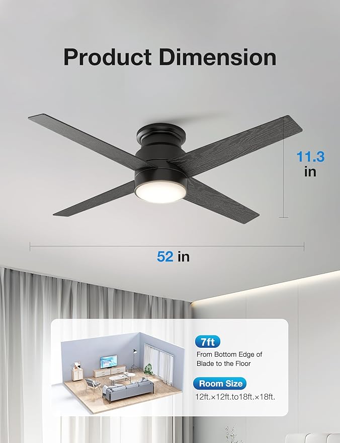warmiplanet Flush Mount Ceiling Fans with Lights and Remote Control, 52-Inch, Brushed Nickel, 4-Blades, 2 Pack