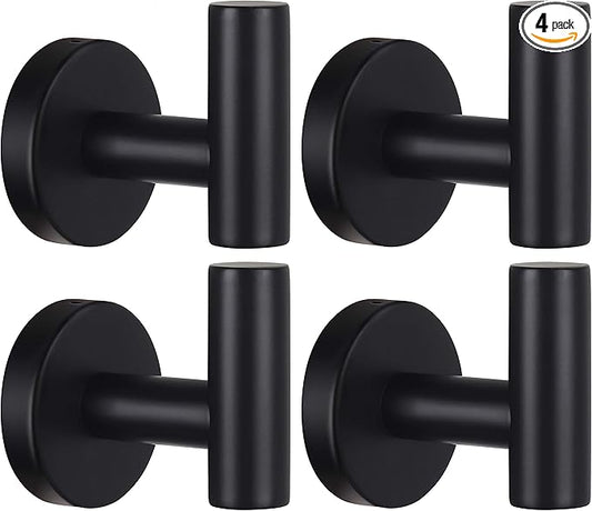 Towel Hooks Bathroom Coat Robe Wall Hook Heavy Duty Door Hanger Towel Robe Clothes Cabinet Closet Sponges Rack for Bathroom Bedroom Kitchen Hotel Pool 4 Packs Matte Black(Drilling Installation)
