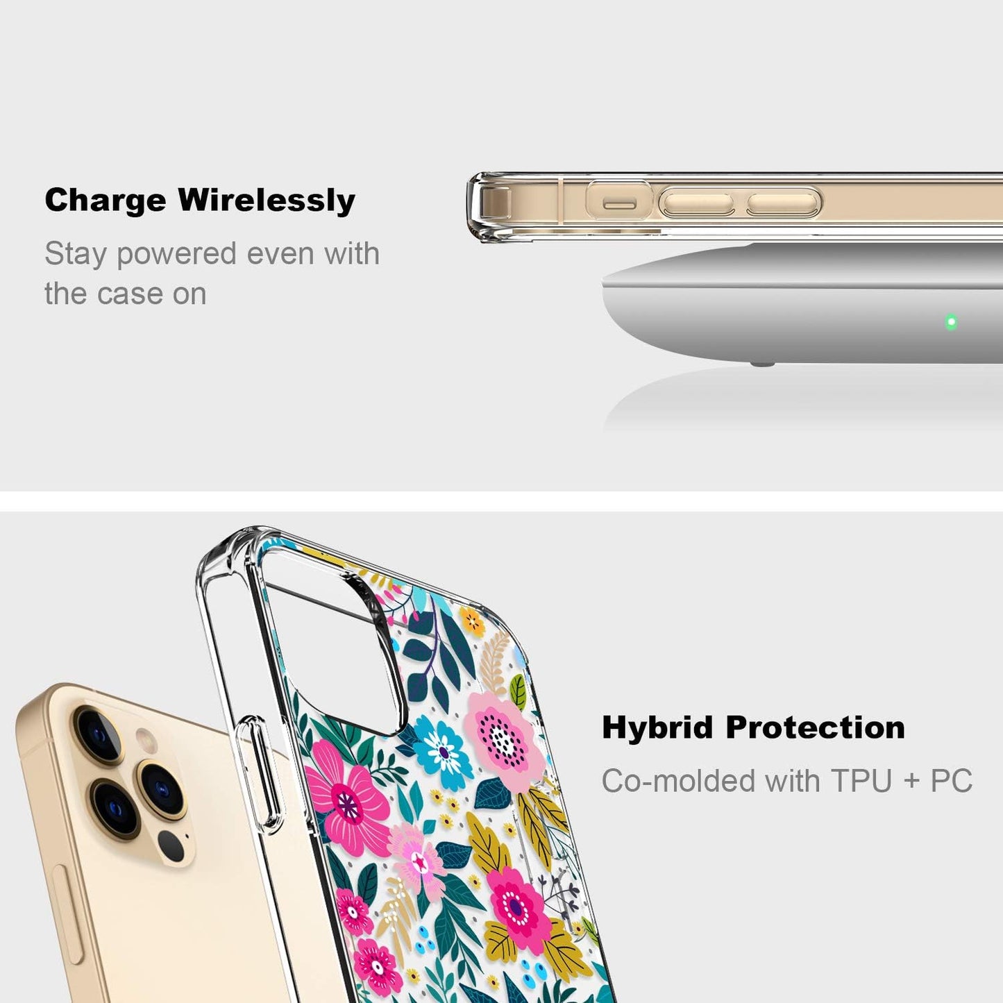 ICEDIO iPhone 12 Case with Screen Protector, Clear with Colorful Blooming Floral Patterns for Girls, Slim Fit