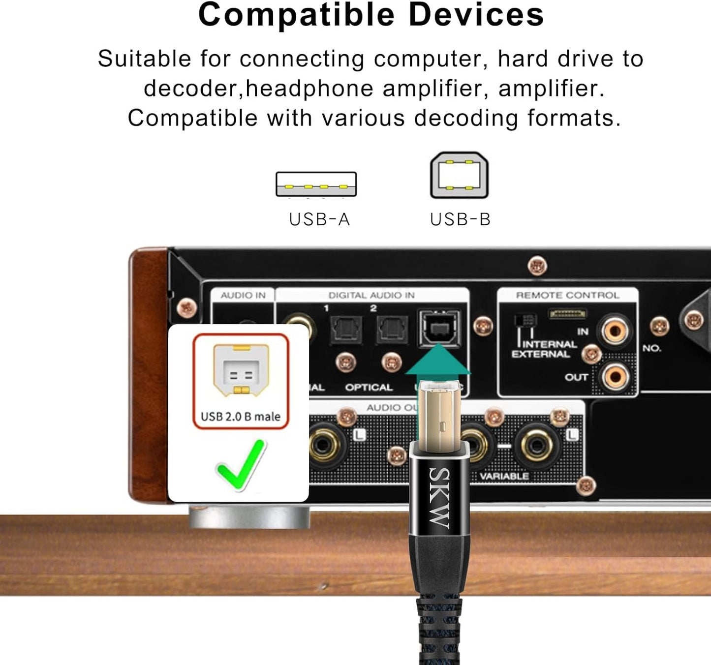 2.0 3.2ft(1m) SKW Audiophiles USB DAC Audio Cable USB Type A to USB Type B Printer Cable for Computer to DAC, Sound